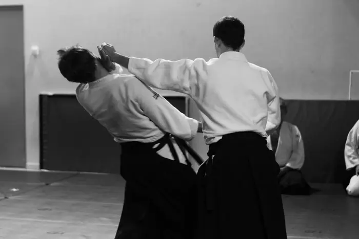 Deux pratiquants en keikogi et hakama exécutent une technique debout sur le tatami