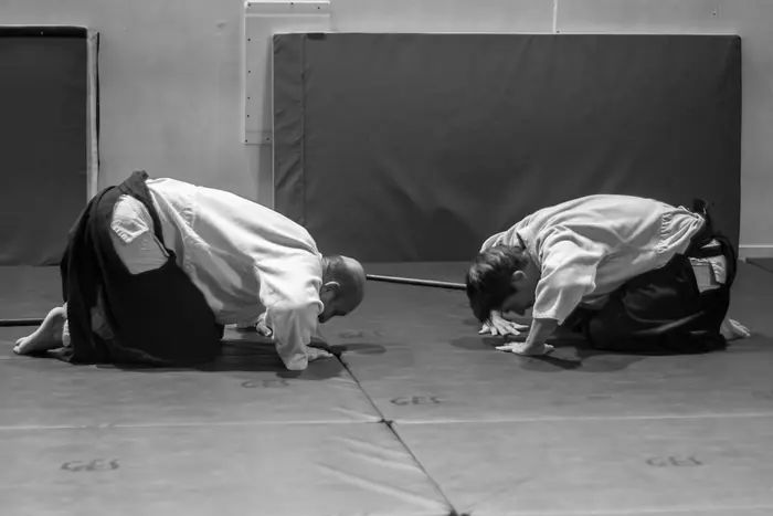 Deux pratiquants exécutent le salut au sol, front vers le tatami