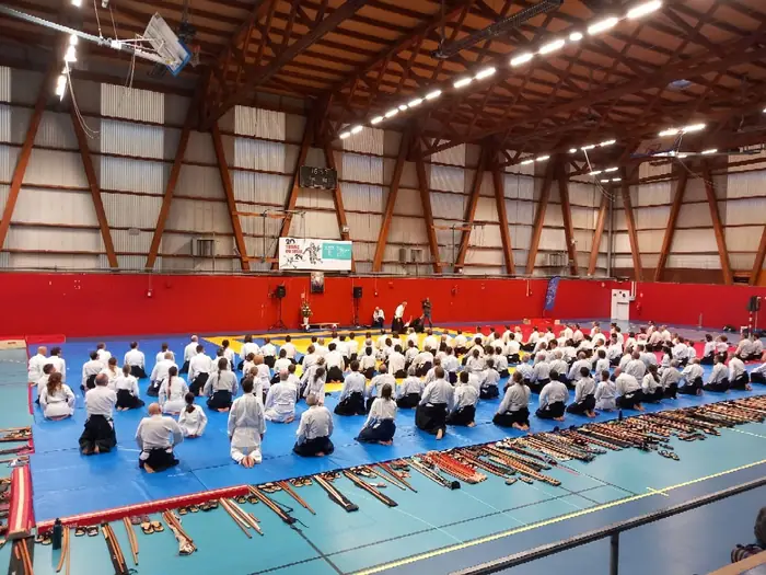 Grand stage : rangées de pratiquants assis en seiza, armes en bois posées devant eux