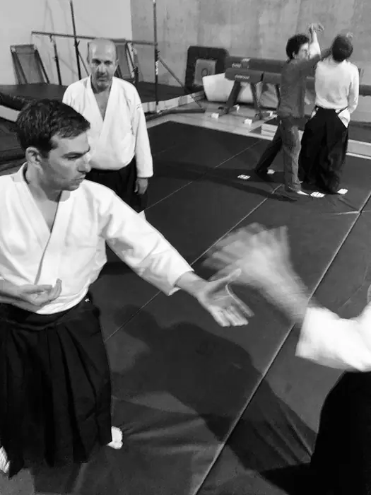 Pratiquant en hakama tend le bras pendant une technique dynamique