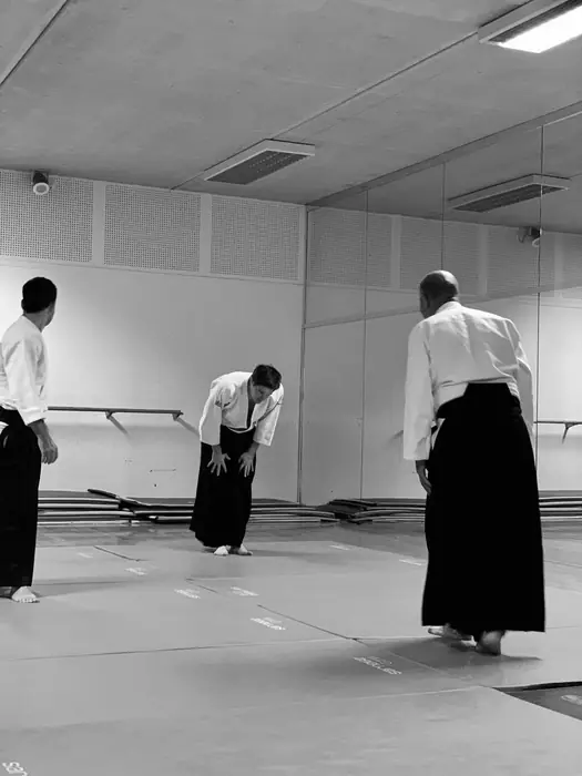 Trois pratiquants répartis sur le tatami pendant un exercice